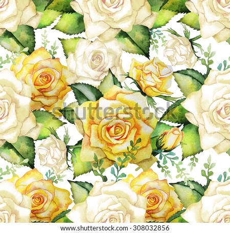 Watercolor yellow roses. Seamless floral pattern