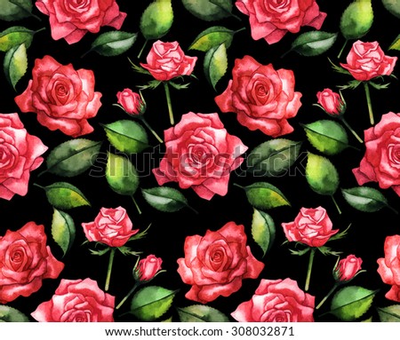 Watercolor red roses. Seamless floral pattern