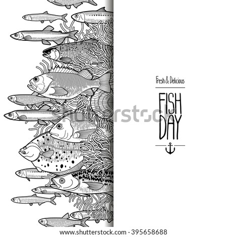 Graphic  card drawn in line art style. Vector sea and ocean creatures for seafood menu. Fish day template isolated on white background. Coloring book page design