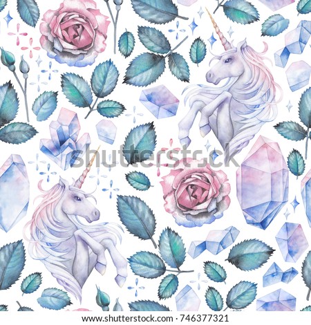 Cute watercolor design with pastel colored unicorn decorated with rose vignette and crystals. Hand painted seamless pattern