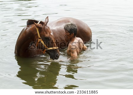 Nakhonratchasrima,Thailand - AUGUST 26  A man cleaning and taking a bath with a horse in river on August 26, 2014 in Nakhonratchasrima,Thailand