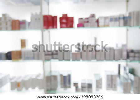 blurry medicine cabinet and store medicine and pharmacy drugstore for background