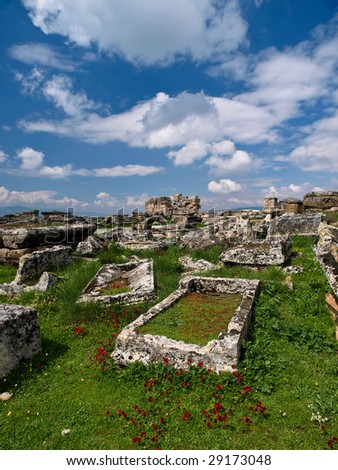 Ruins of the largest antique necropolis in city Hierapolis in terrain of Turkey