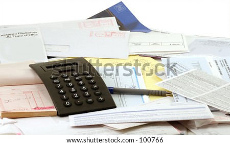 Calculator, legal pad and receipt book and lots of BILLS!