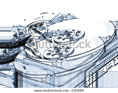 A mechanical drawing  style photo iluustration of ghosted computer hard drives