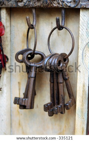Rings of antique iron skeleton keys hanging on a hook