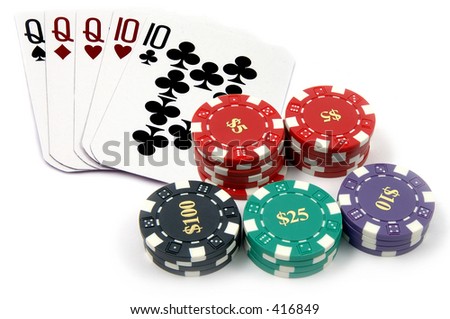 One of the highest hands in poker a full house with a pile of casino chips isolated on white Card are retired casino cards and the corners have been physically clipped