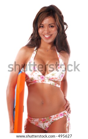Sexy bikini model with a Boogie Board Isolated over white