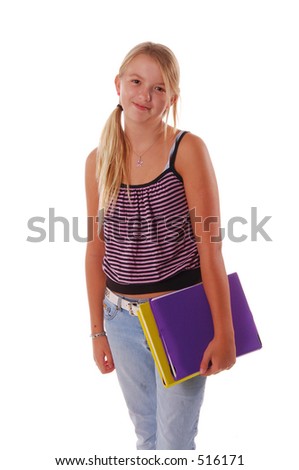 August means Back To School,  Stylish young female Middle School student standing.isolated over white.