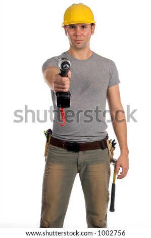 Construction worker in a hard hat and tool belt with a cordless screwgun