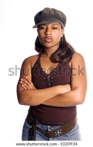 Sexy inner city African American woman in a denim skirt and knit cap