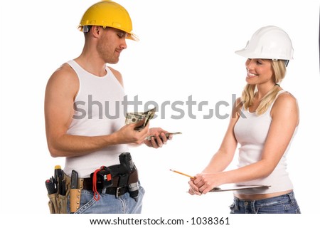 A female construction forman pays her male crewmember in cash