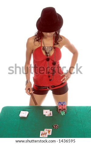 Sexy woman in a sexy low cut red blouse and  black suede fedora hat playing Blackjack Generic no label card backs from China