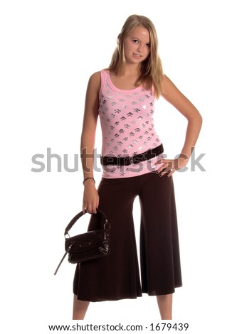 Blond teenage girl in a pink tank top with a pirates skull and cross bones on it and brown Gaucho pants