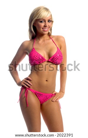  Sexy blond swim wear model in a fusha sequin embellished bikini Models
