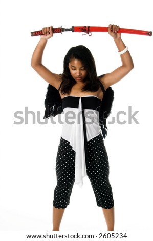 African American woman as a Ninja Angel with black feather wings and an intense expression draws her ninja sword from it\'s sheath