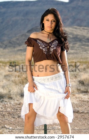 Beautiful Latina woman in a white skirt and brown blouse standing in front of a fence in the Desert
