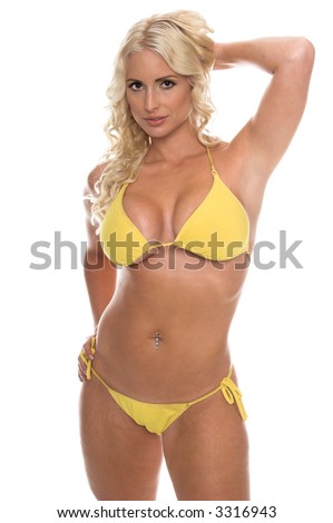 stock photo Sexy blond bikini girl in a bright yellow bikini