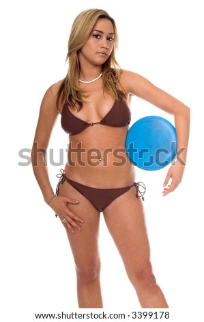 Asian bikini model in a brown bikini holding a blue Frisbee style disc under her left arm