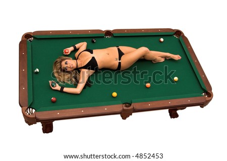 Sexy young Asian bikini model laying on top of a pool table Isolated