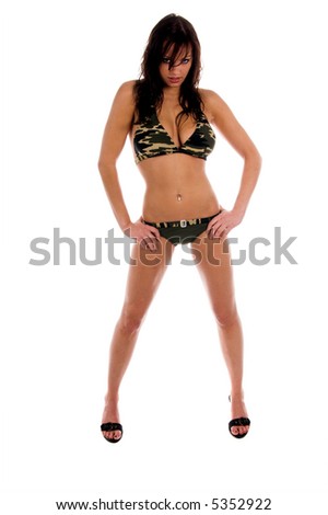 Sexy brunette bikini girl in a camouflage bikini Full body
