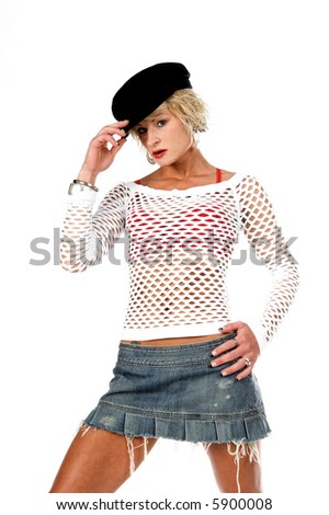 Sexy young blond in a denim mini skirt, white mesh top and black hat