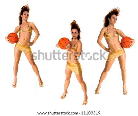 Grouping of three isolated images of a sexy bikini clad basketball girl with a Mohawk