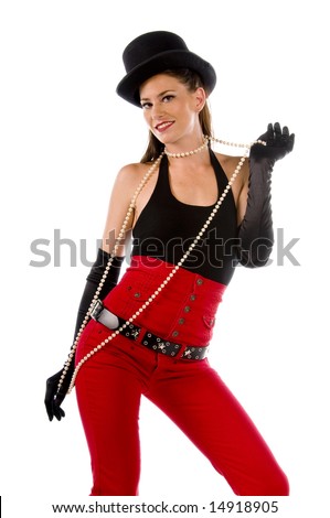 Pin Up Dancer. stock photo : Retro pinup dancer / model in red high waisted jeans,