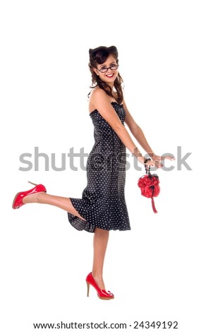 Girls  Dress on Girl In 1950 S Rockabilly Fashion Polka Dot Dress  Hair And Red Clutch