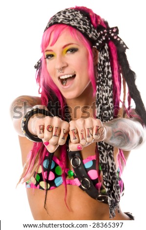 stock photo Cute and retro go go dancer with pink hair and lots of tattoos