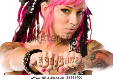 stock photo : Cute and retro go go dancer with pink hair and lots of tattoos