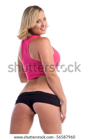 stock photo Pretty blonde woman in a pink tank top and black booty shorts