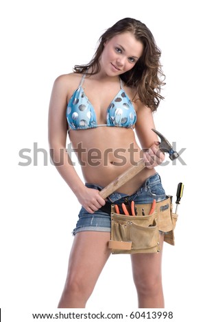 stock photo Cute young woman in Daisy Duke denim shorts bikini top and a
