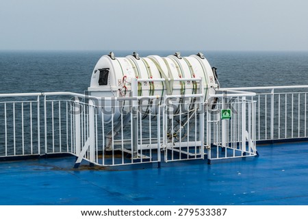 Inflatable RFD life raft on a ferry
