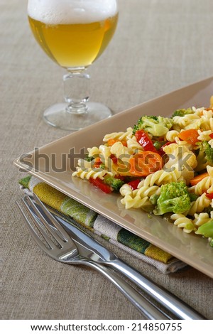 Vegetarianism: Vegetable pasta salad and unpasteurized beer