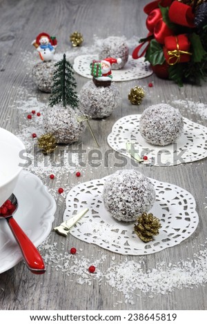 Christmas mood: chocolates in coconut flakes in the New Year\'s decoration