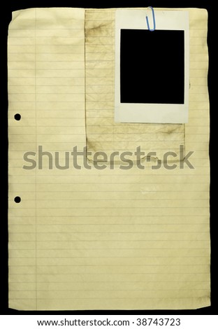 stock photo : Grunge Lined paper with paper clip and a blank photo attached.