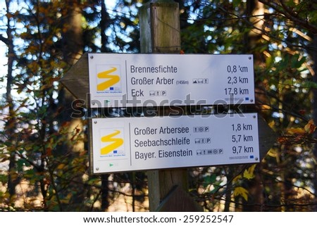Hiking sign in the bavarian forest