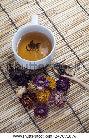 Cup of hot tea on japan wooden mat background