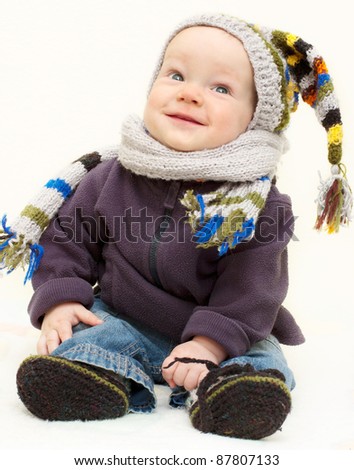 Cute Baby Knit Hats on Stock Photo   Cute Baby Boy In Knitted Handmade Hat  Scarf And Bootees