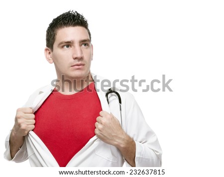 A young man representing a superman like doctor as he removes his gown and has a red shirt underneath