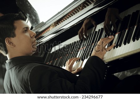 Various shots of a professional piano player on a string piano