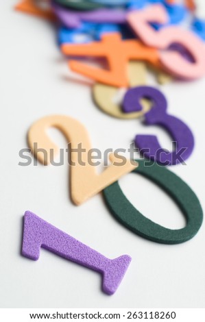Colorful numbers scattered on a white surface