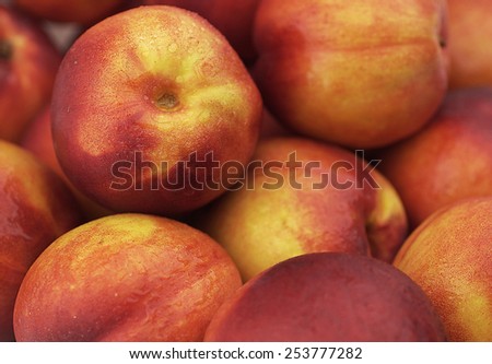 Fresh Nectarines fruit group shot close up to see natural skin peel detail with water mist spray covering coating