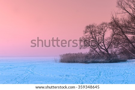Beautiful winter landscape on the frozen sea in twilight