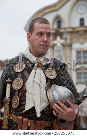Ljubljana, Slovenia - August 22, 2014: Man dressed as roman warriors on Ave Emona event in Ljubljana, Slovenia.