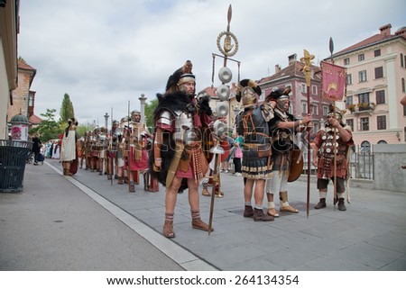 Ljubljana, Slovenia - August 22, 2014: Men dressed as roman warriors on Ave Emona event in Ljubljana, Slovenia.