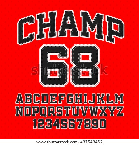 Tackle Twill style Champion typeface. Embroidered sports font. Letters and numbers vector illustration.