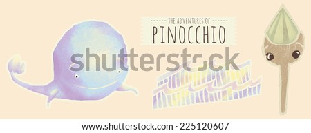 Set of illustrations representing some characters of Pinocchio\'s fairytale: a wooden long nose puppet, a whale (or a sperm whale), typographic title and a scenographic elements for the sea waves.