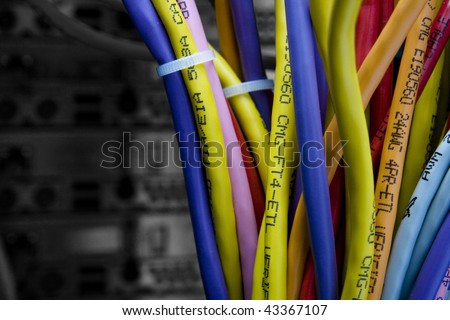 Color cables in the back of the server rack with black and white background out of focus